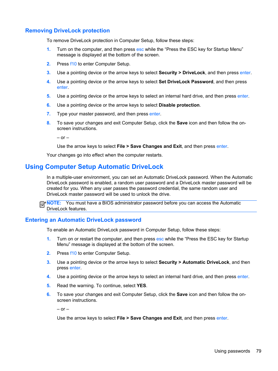 Removing drivelock protection, Using computer setup automatic drivelock, Entering an automatic drivelock password | HP EliteBook 8570w Mobile Workstation User Manual | Page 89 / 127