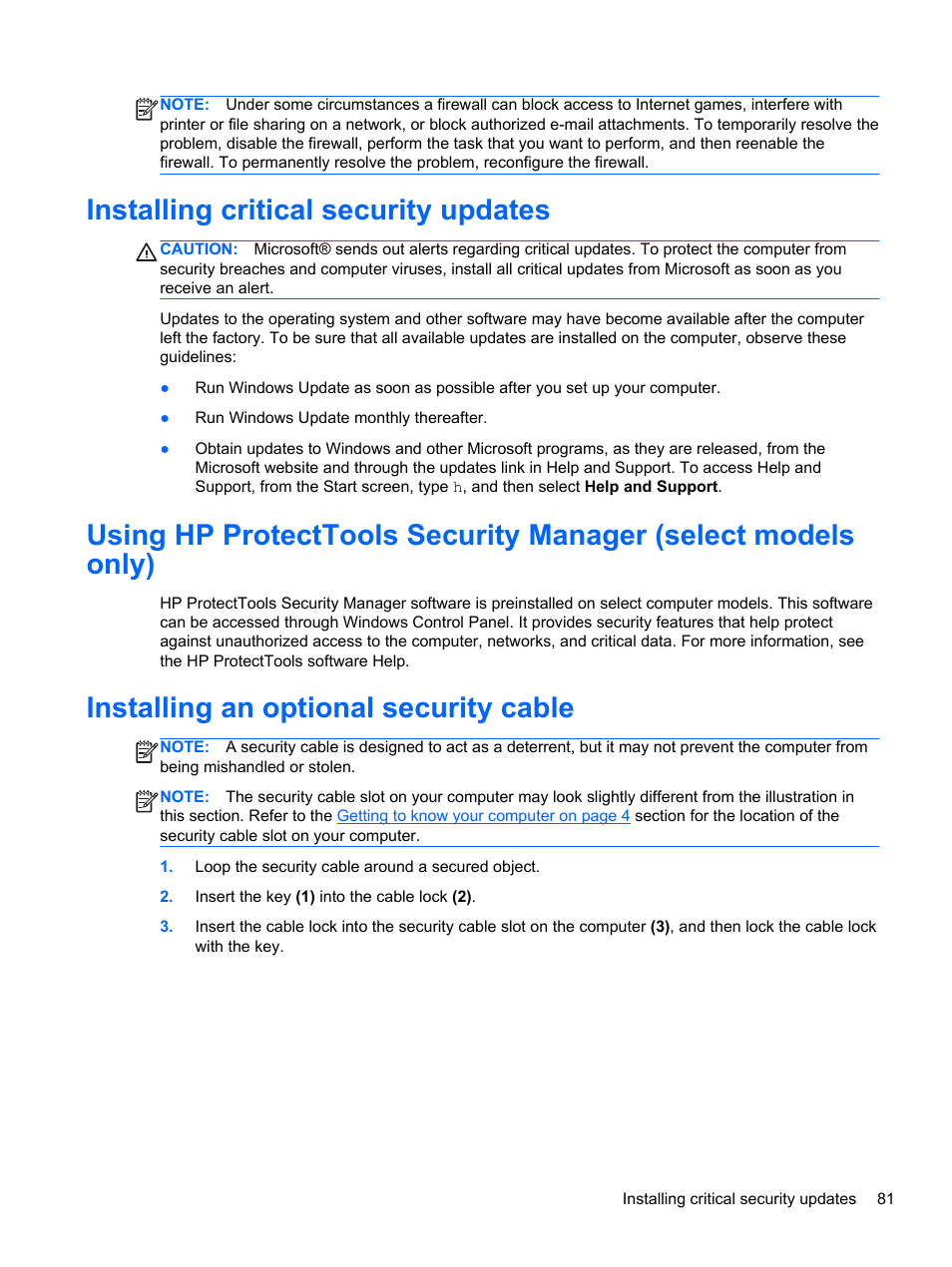 Installing critical security updates, Installing an optional security cable | HP EliteBook 8570w Mobile Workstation User Manual | Page 91 / 127