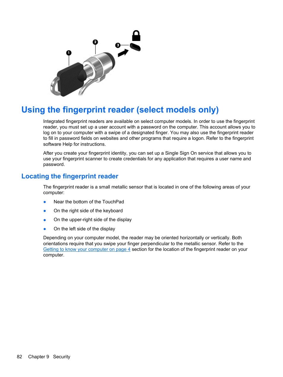 Using the fingerprint reader (select models only), Locating the fingerprint reader | HP EliteBook 8570w Mobile Workstation User Manual | Page 92 / 127