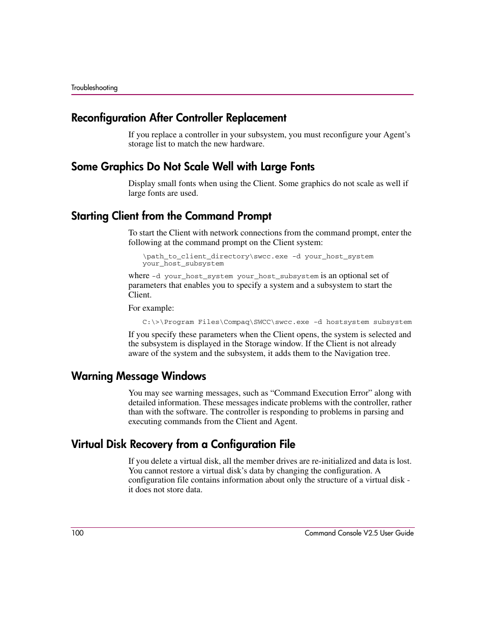 Reconfiguration after controller replacement, Some graphics do not scale well with large fonts, Starting client from the command prompt | Warning message windows, Virtual disk recovery from a configuration file | HP StorageWorks EVA Controller HSG V8.8 Software User Manual | Page 100 / 150