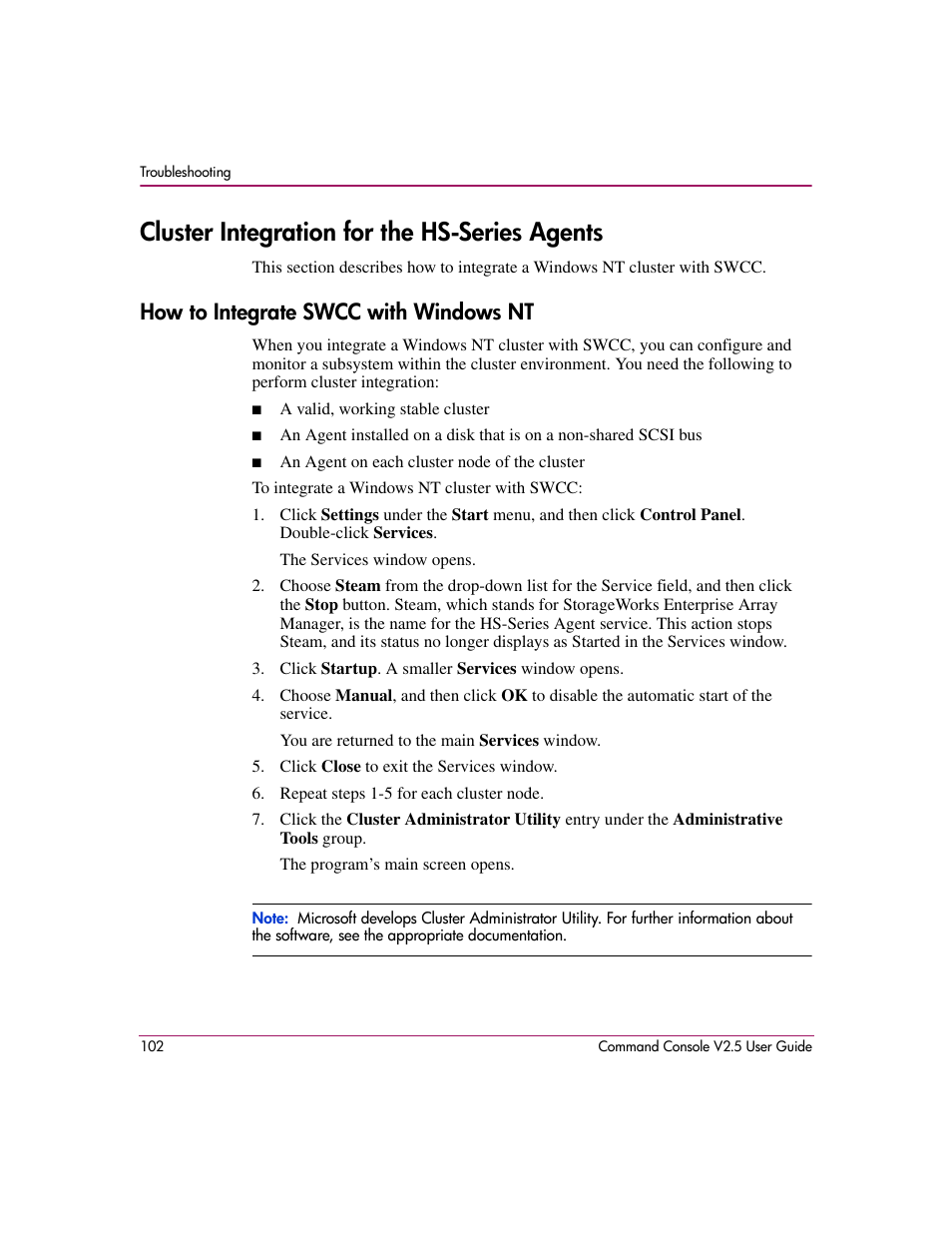 Cluster integration for the hs-series agents, How to integrate swcc with windows nt | HP StorageWorks EVA Controller HSG V8.8 Software User Manual | Page 102 / 150