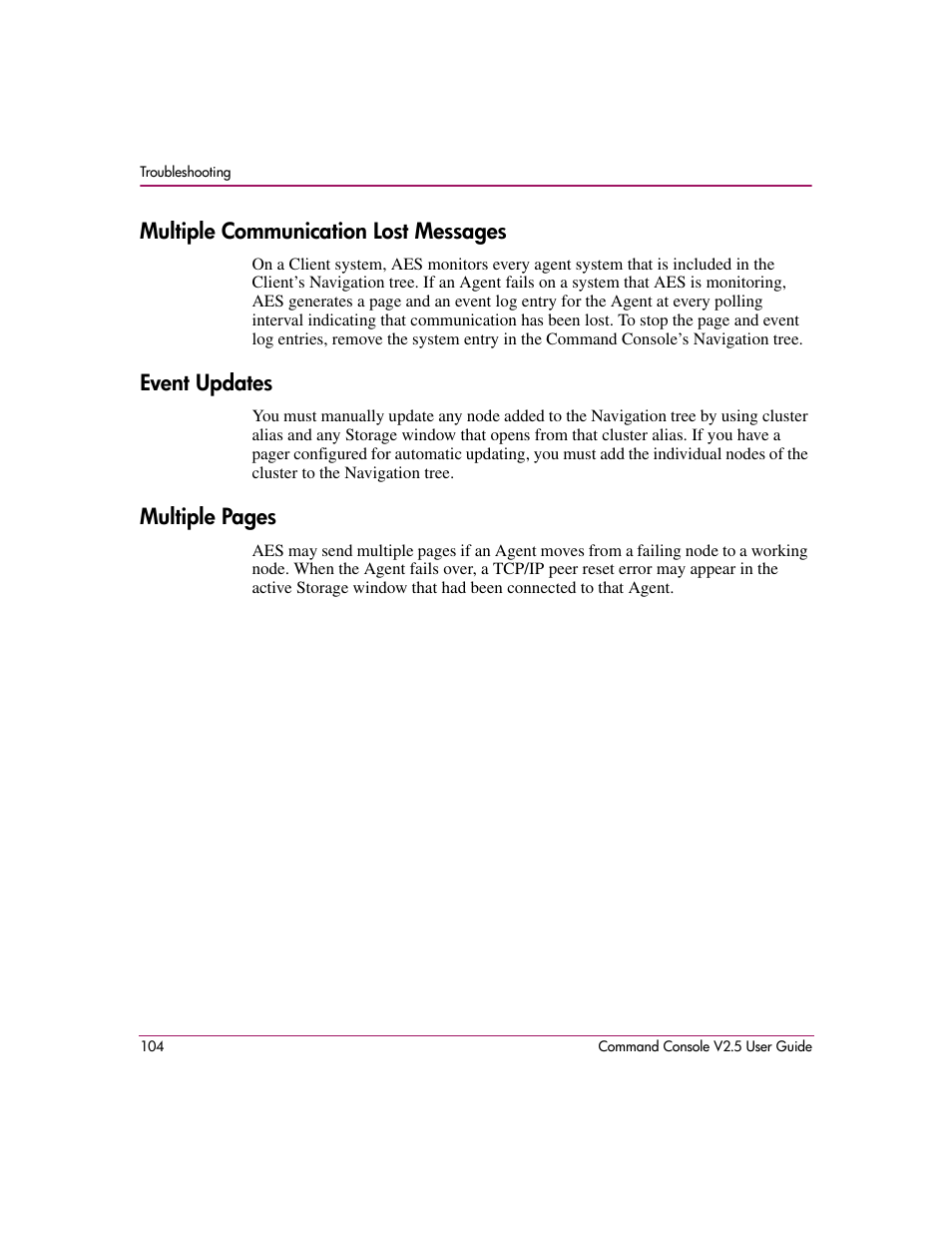 Multiple communication lost messages, Event updates, Multiple pages | HP StorageWorks EVA Controller HSG V8.8 Software User Manual | Page 104 / 150
