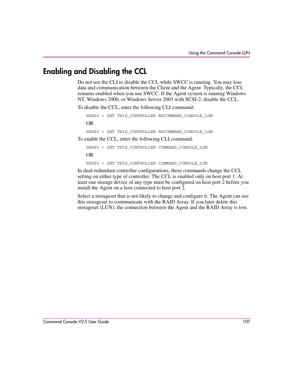 Enabling and disabling the ccl | HP StorageWorks EVA Controller HSG V8.8 Software User Manual | Page 107 / 150