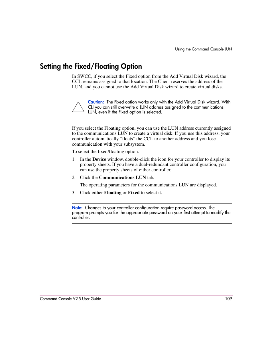 Setting the fixed/floating option | HP StorageWorks EVA Controller HSG V8.8 Software User Manual | Page 109 / 150