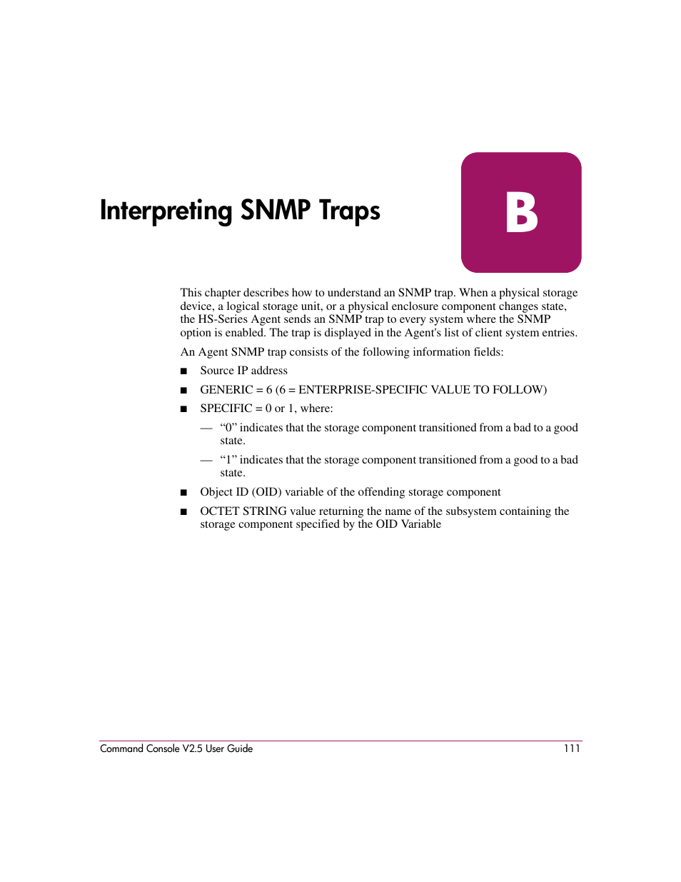 Interpreting snmp traps, B interpreting snmp traps | HP StorageWorks EVA Controller HSG V8.8 Software User Manual | Page 111 / 150