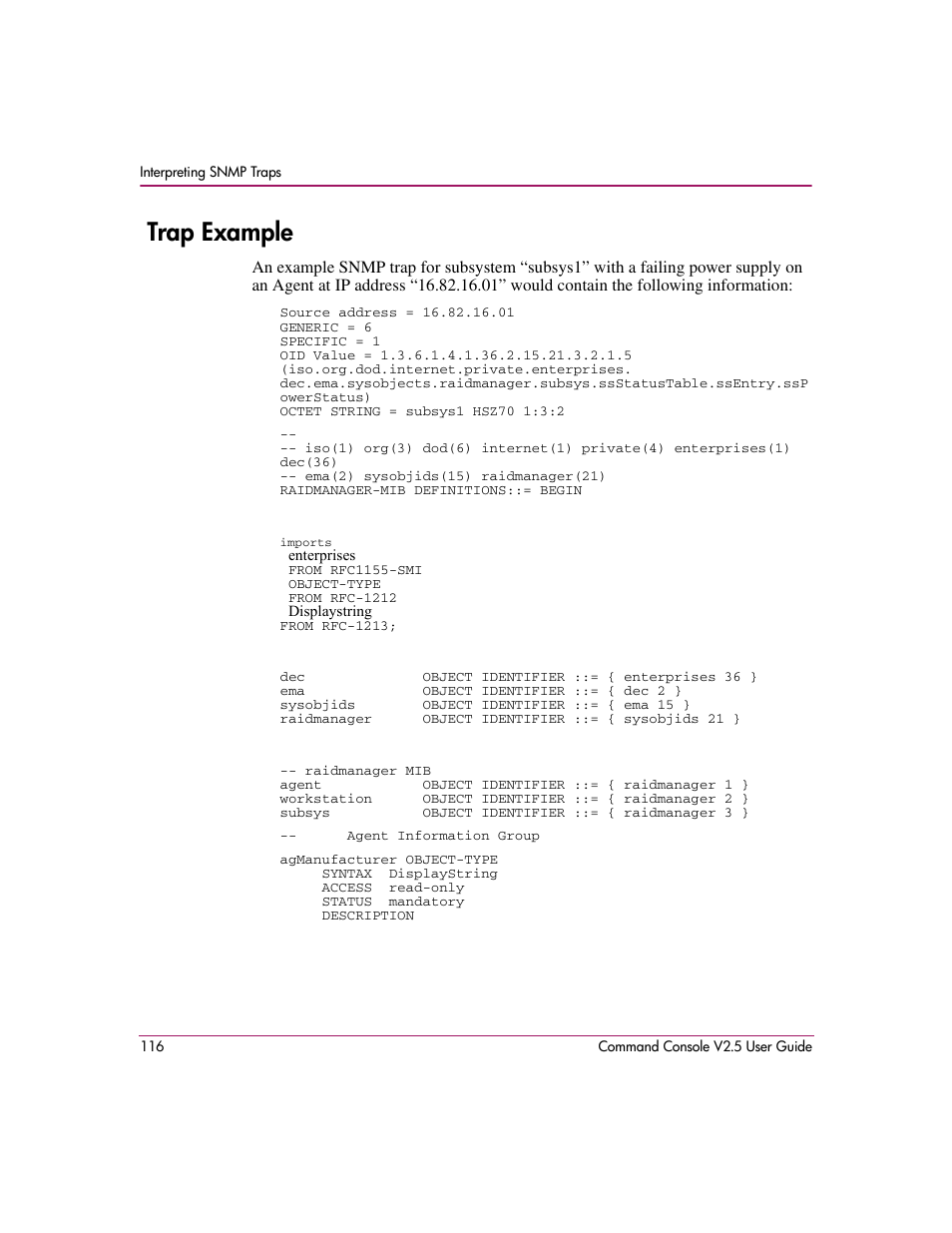 Trap example | HP StorageWorks EVA Controller HSG V8.8 Software User Manual | Page 116 / 150