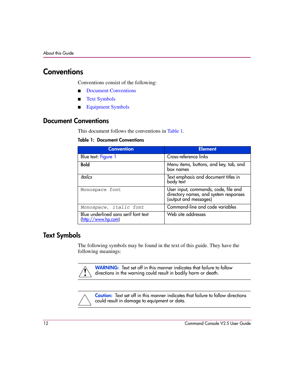 Conventions, Document conventions, Table 1: document conventions | Text symbols, Document conventions text symbols, 1 document conventions | HP StorageWorks EVA Controller HSG V8.8 Software User Manual | Page 12 / 150
