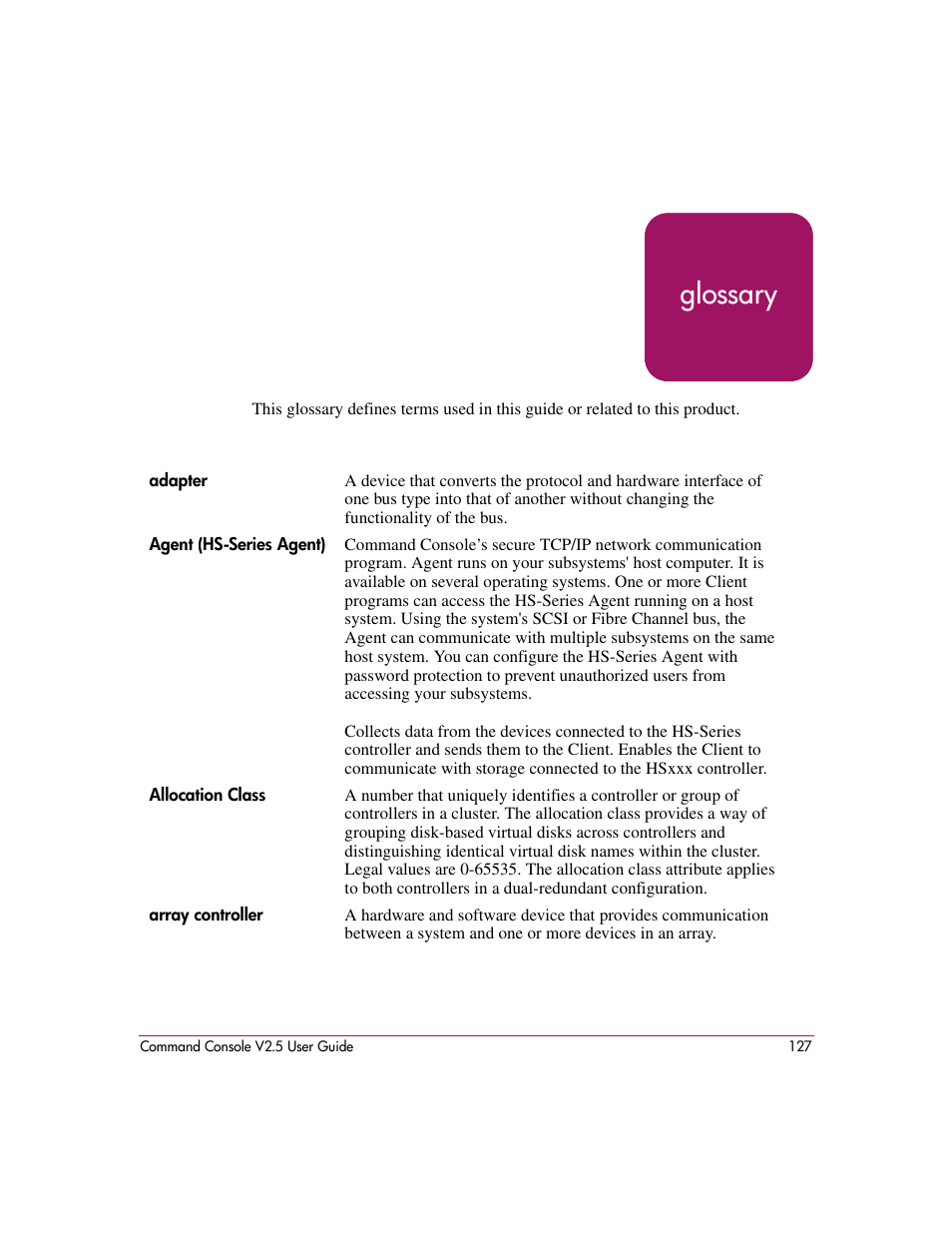 Glossary, Glossary glossary | HP StorageWorks EVA Controller HSG V8.8 Software User Manual | Page 127 / 150