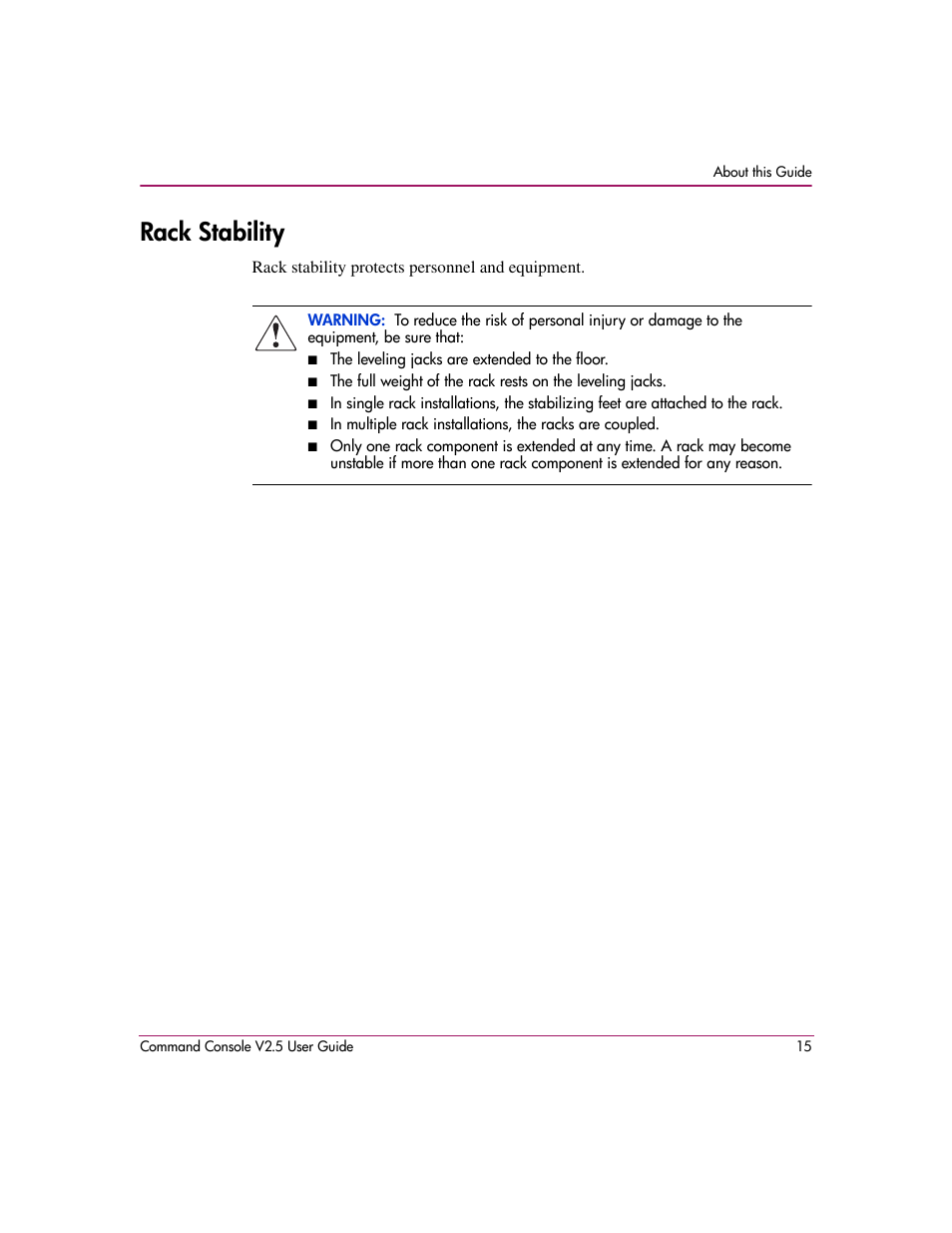 Rack stability | HP StorageWorks EVA Controller HSG V8.8 Software User Manual | Page 15 / 150