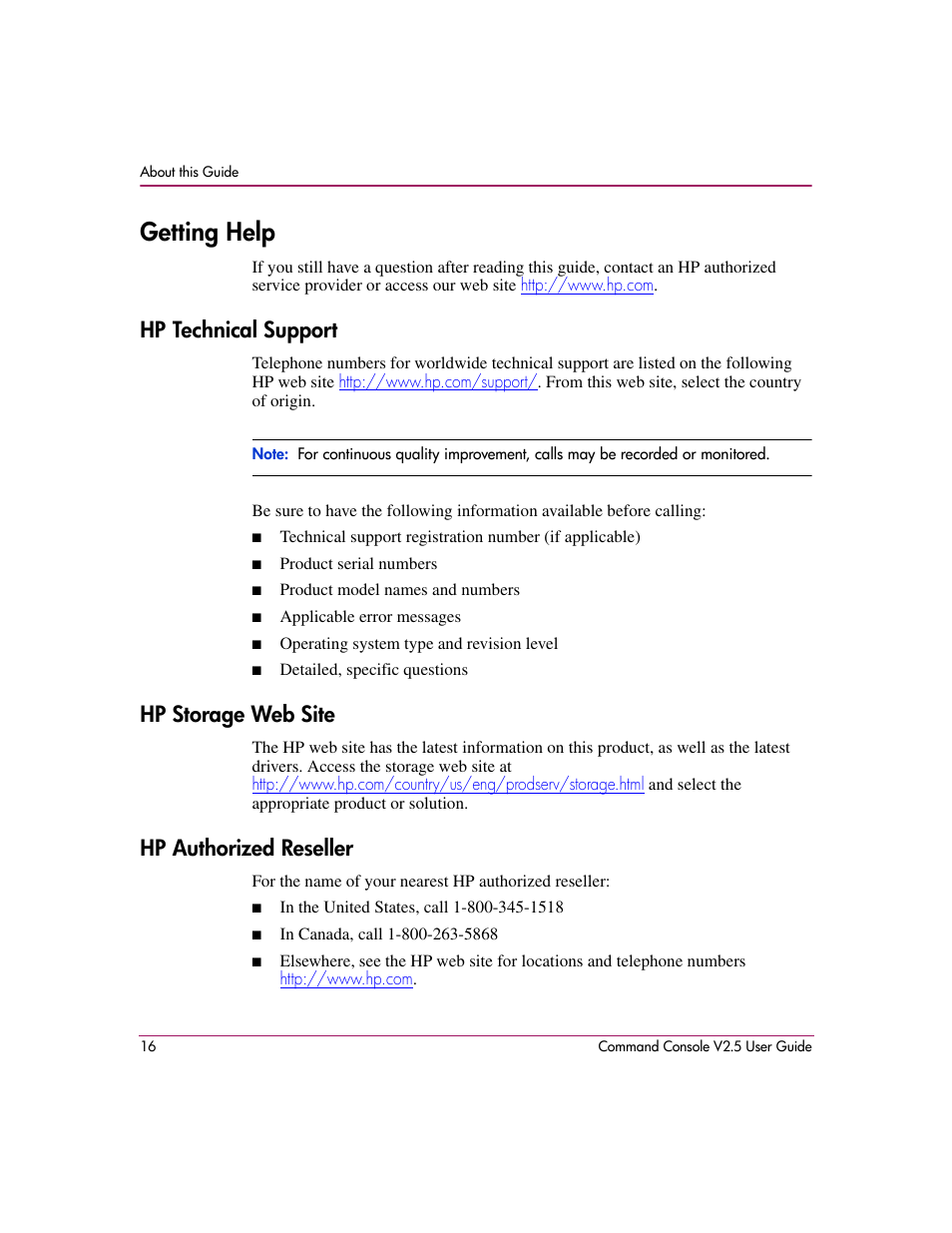 Getting help, Hp technical support, Hp storage web site | Hp authorized reseller | HP StorageWorks EVA Controller HSG V8.8 Software User Manual | Page 16 / 150
