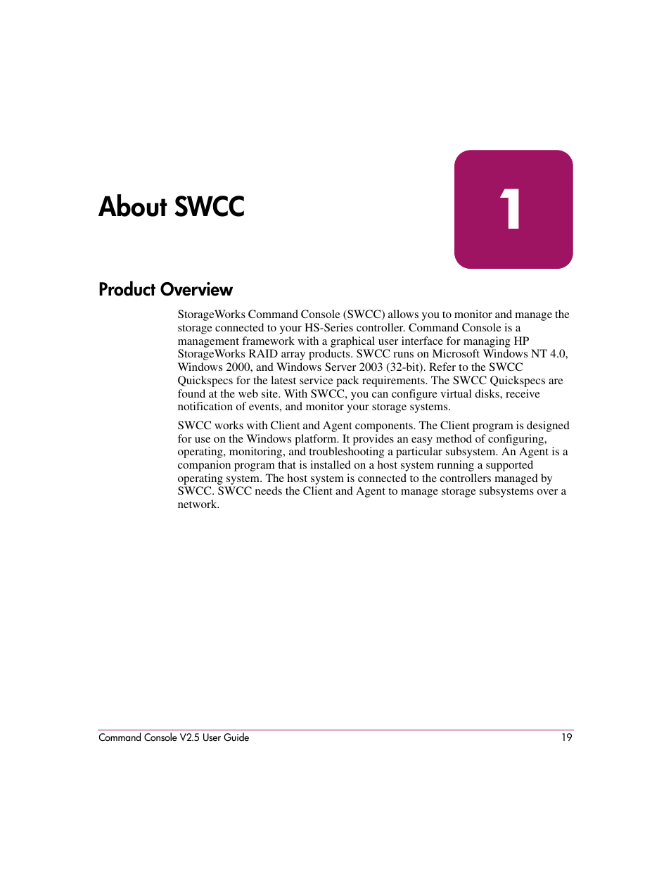 About swcc, Product overview, 1 about swcc | HP StorageWorks EVA Controller HSG V8.8 Software User Manual | Page 19 / 150