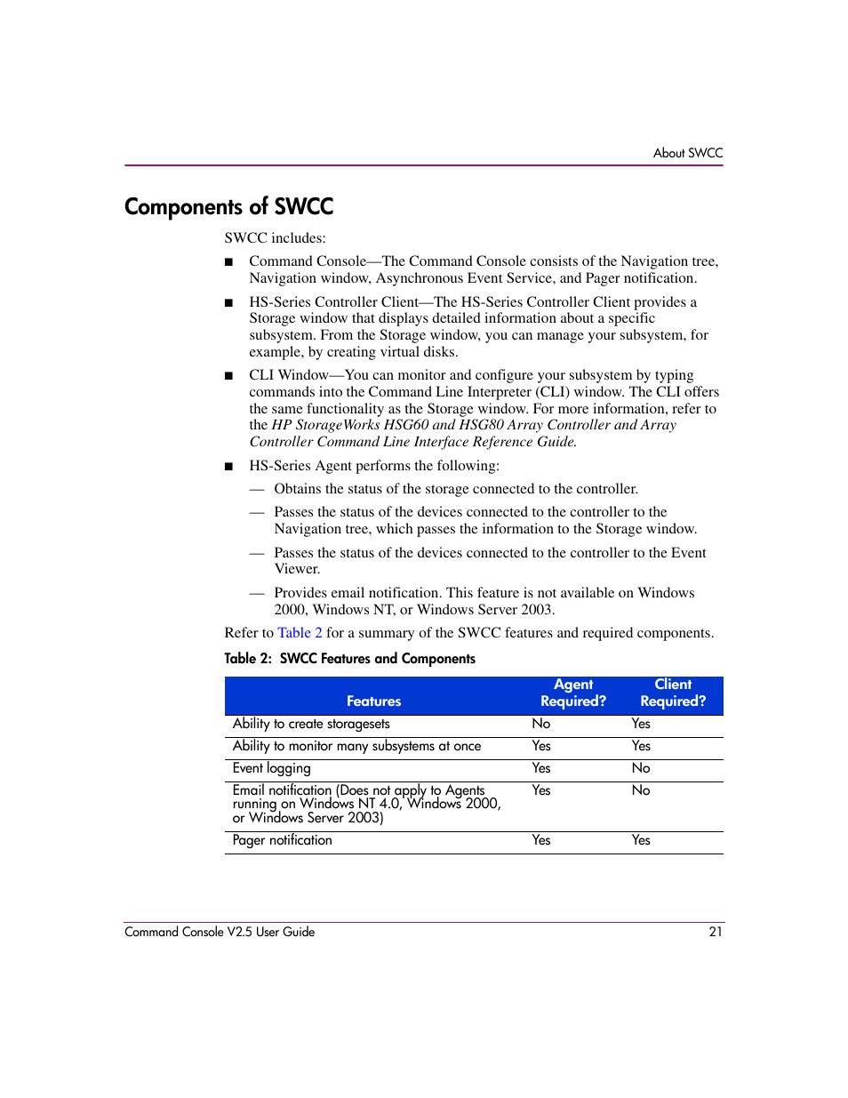 Components of swcc, Table 2: swcc features and components, 2 swcc features and components | HP StorageWorks EVA Controller HSG V8.8 Software User Manual | Page 21 / 150