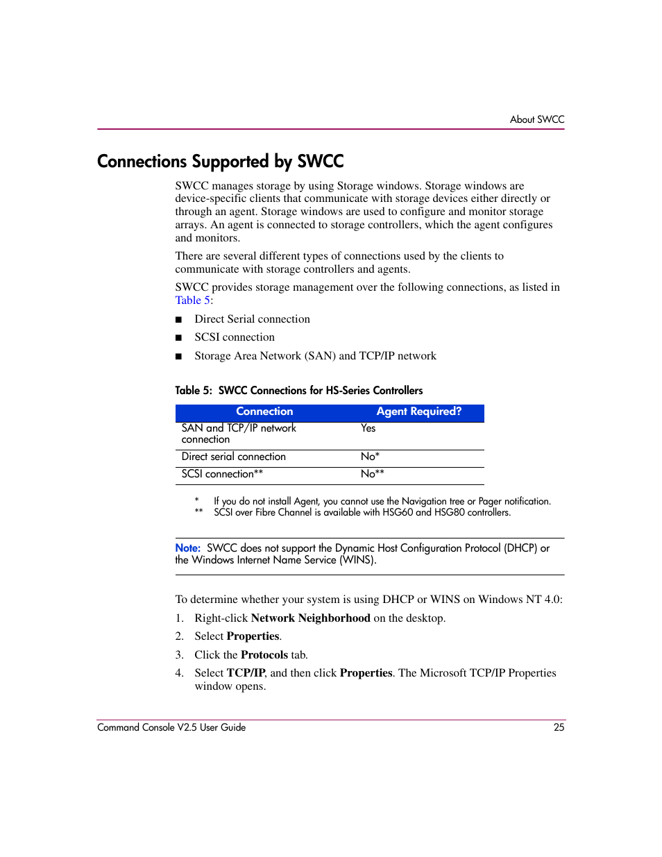 Connections supported by swcc, 5 swcc connections for hs-series controllers | HP StorageWorks EVA Controller HSG V8.8 Software User Manual | Page 25 / 150