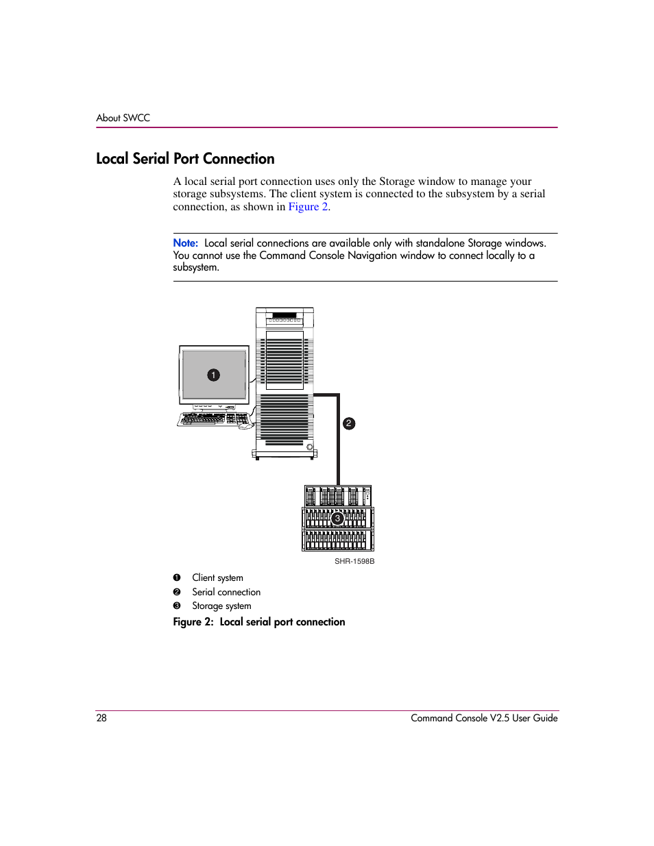Local serial port connection, Figure 2: local serial port connection, 2 local serial port connection | HP StorageWorks EVA Controller HSG V8.8 Software User Manual | Page 28 / 150