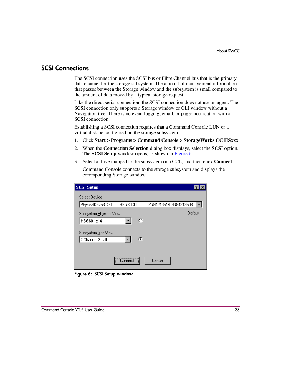 Scsi connections, Figure 6: scsi setup window, 6 scsi setup window | HP StorageWorks EVA Controller HSG V8.8 Software User Manual | Page 33 / 150