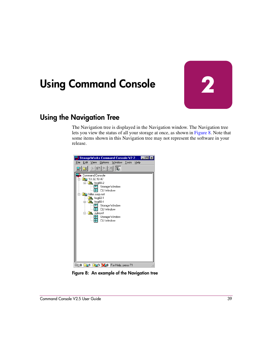 Using command console, Using the navigation tree, Figure 8: an example of the navigation tree | 2 using command console, 8 an example of the navigation tree | HP StorageWorks EVA Controller HSG V8.8 Software User Manual | Page 39 / 150