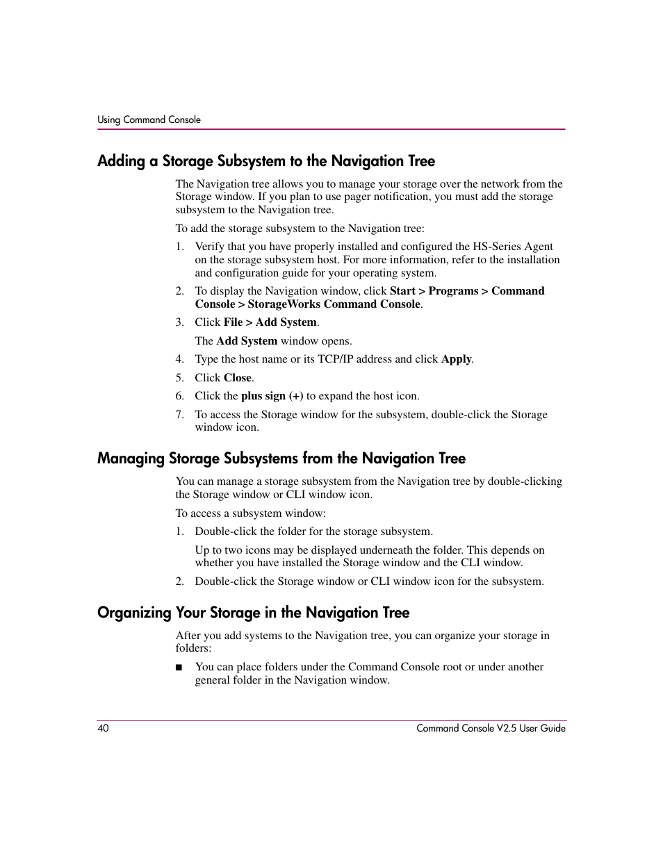 Adding a storage subsystem to the navigation tree, Organizing your storage in the navigation tree | HP StorageWorks EVA Controller HSG V8.8 Software User Manual | Page 40 / 150