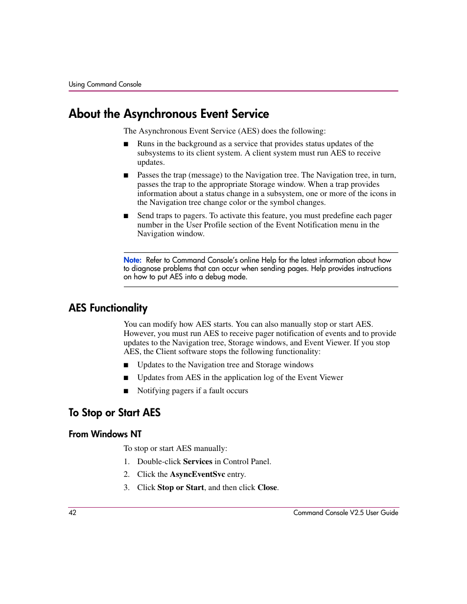 About the asynchronous event service, Aes functionality, To stop or start aes | From windows nt, Aes functionality to stop or start aes | HP StorageWorks EVA Controller HSG V8.8 Software User Manual | Page 42 / 150