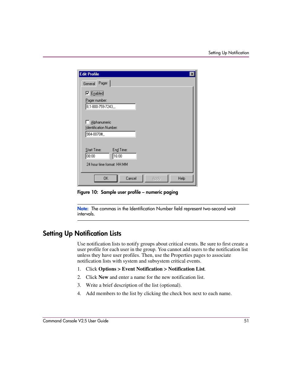 Figure 10: sample user profile - numeric paging, Setting up notification lists, 10 sample user profile – numeric paging | Figure 10 | HP StorageWorks EVA Controller HSG V8.8 Software User Manual | Page 51 / 150