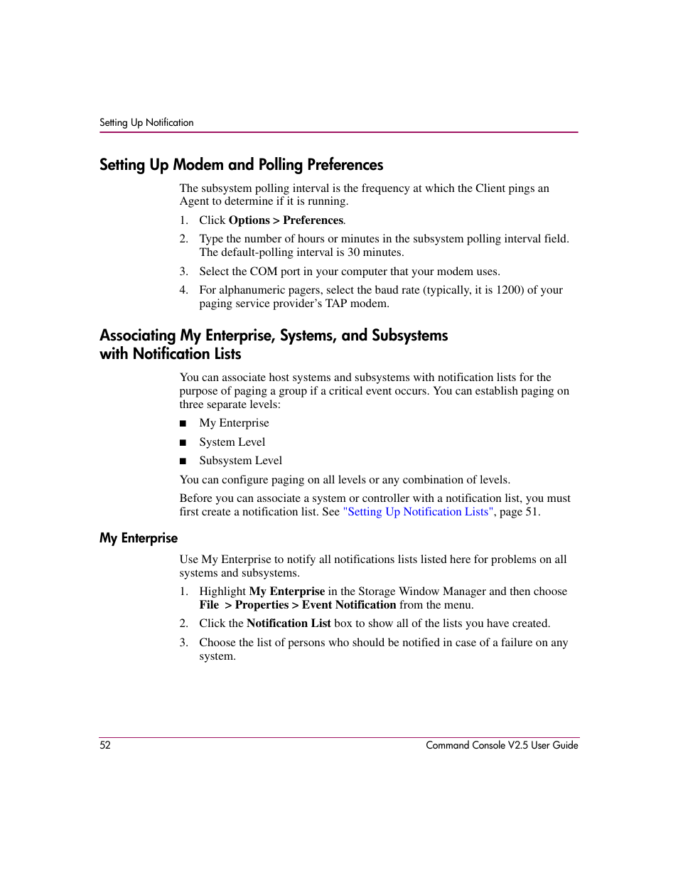Setting up modem and polling preferences, My enterprise, Setting up modem and | Polling preferences, Associating my enterprise, Systems, and subsystems with, Notification lists | HP StorageWorks EVA Controller HSG V8.8 Software User Manual | Page 52 / 150