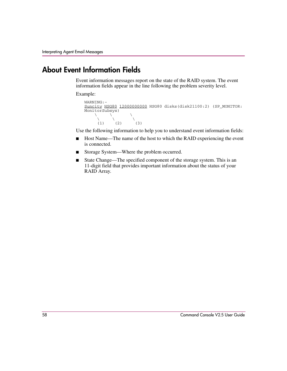 About event information fields | HP StorageWorks EVA Controller HSG V8.8 Software User Manual | Page 58 / 150