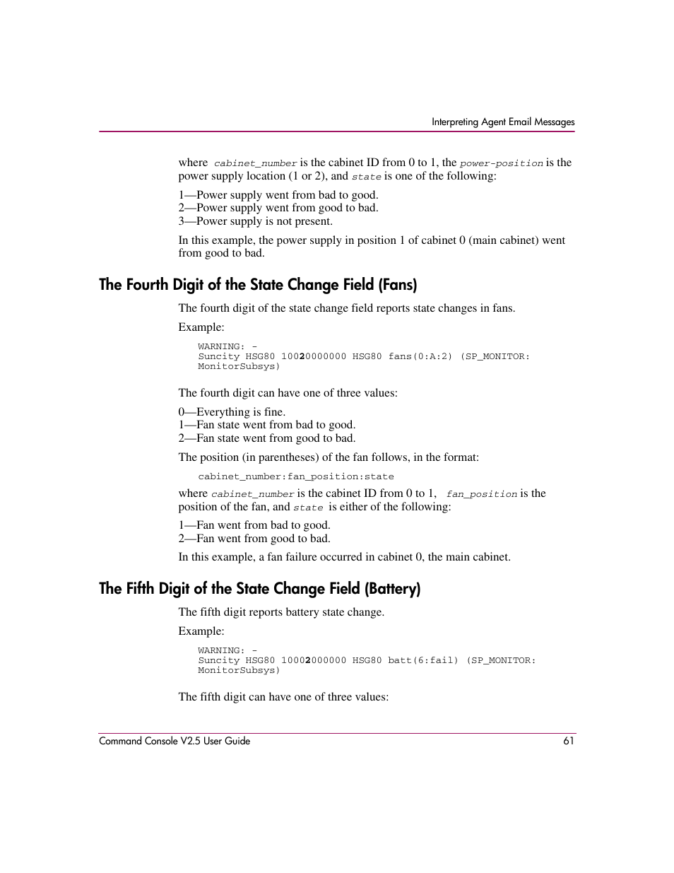 The fourth digit of the state change field (fans) | HP StorageWorks EVA Controller HSG V8.8 Software User Manual | Page 61 / 150