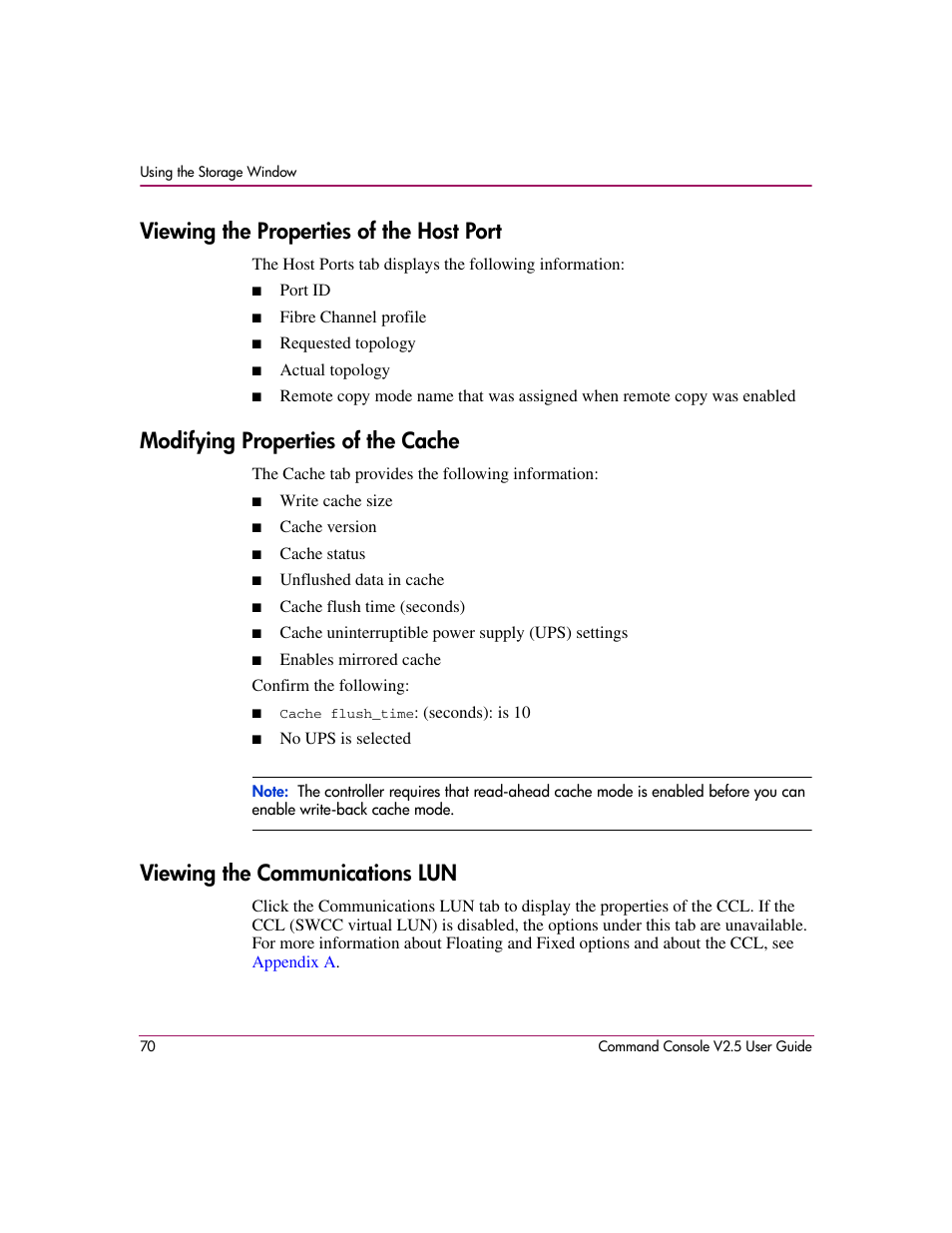 Viewing the properties of the host port, Modifying properties of the cache, Viewing the communications lun | HP StorageWorks EVA Controller HSG V8.8 Software User Manual | Page 70 / 150