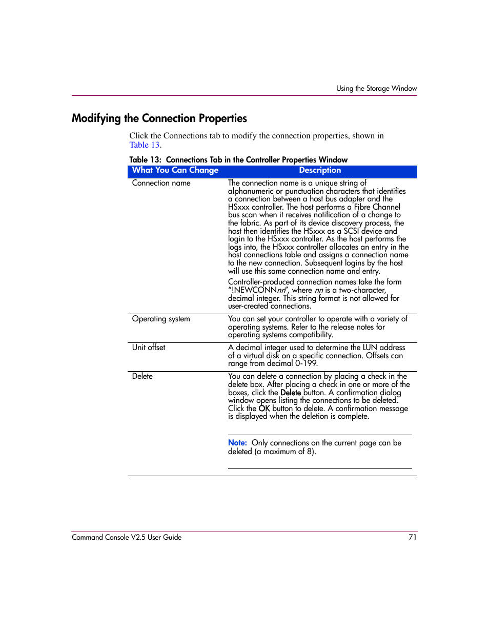 Modifying the connection properties | HP StorageWorks EVA Controller HSG V8.8 Software User Manual | Page 71 / 150