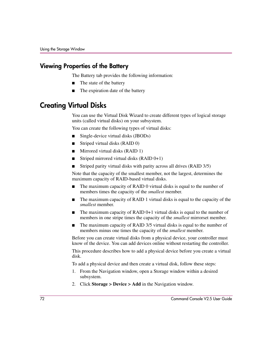 Viewing properties of the battery, Creating virtual disks | HP StorageWorks EVA Controller HSG V8.8 Software User Manual | Page 72 / 150