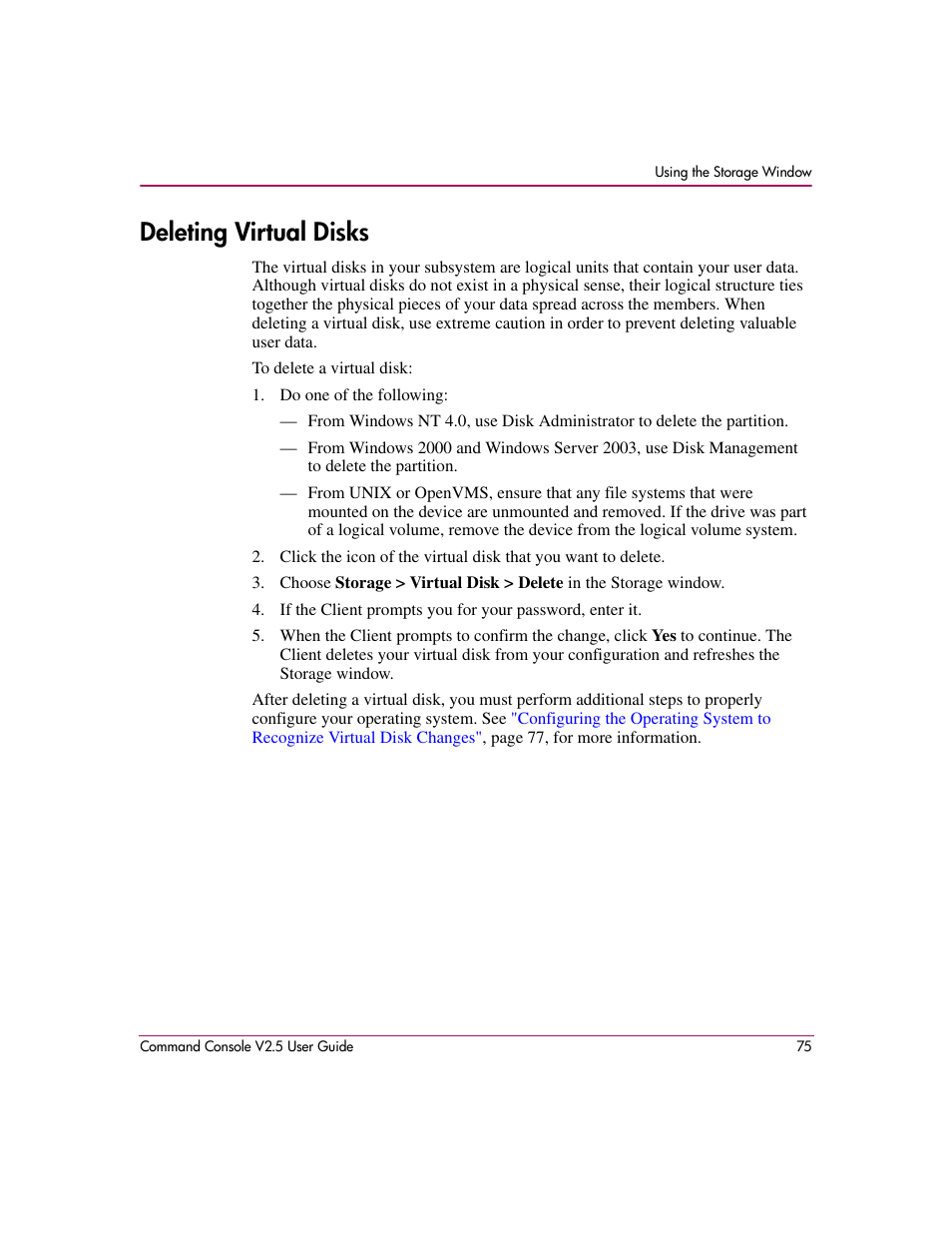 Deleting virtual disks | HP StorageWorks EVA Controller HSG V8.8 Software User Manual | Page 75 / 150