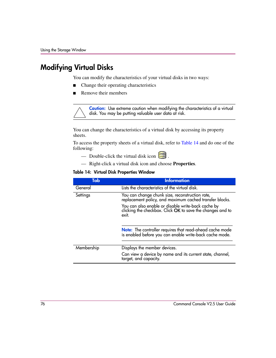 Modifying virtual disks, Table 14: virtual disk properties window, 14 virtual disk properties window | HP StorageWorks EVA Controller HSG V8.8 Software User Manual | Page 76 / 150