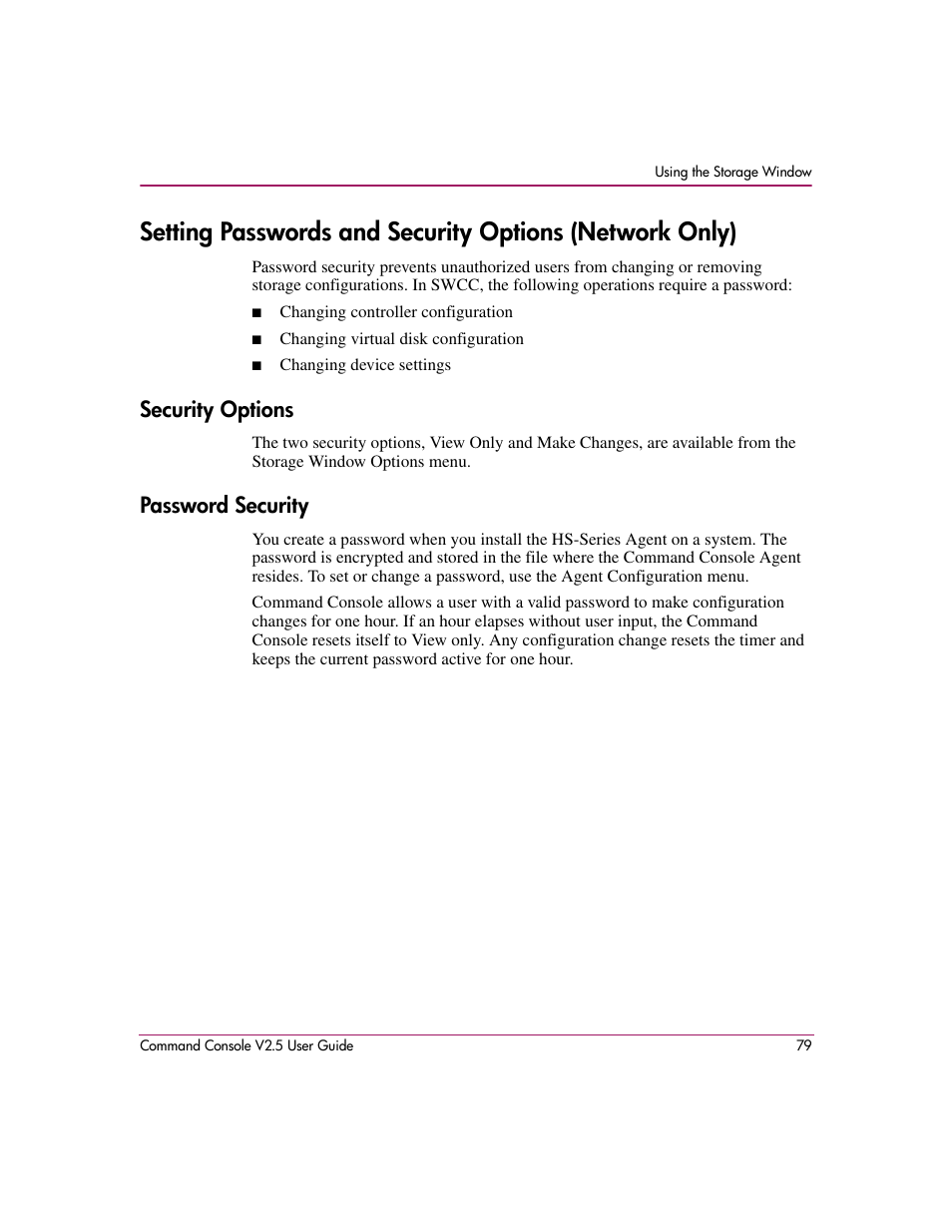 Security options, Password security, Security options password security | HP StorageWorks EVA Controller HSG V8.8 Software User Manual | Page 79 / 150