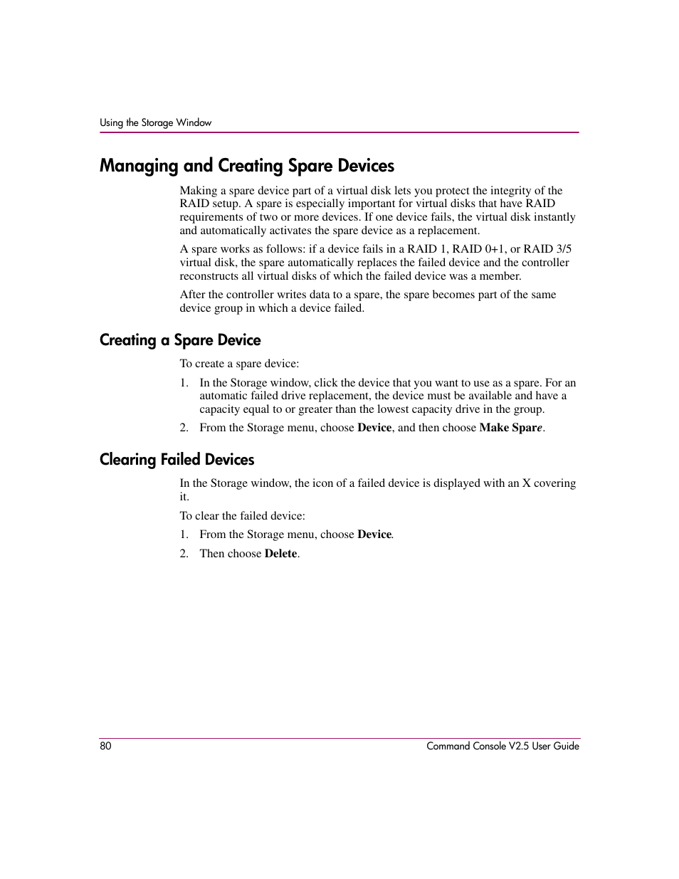 Managing and creating spare devices, Creating a spare device, Clearing failed devices | Creating a spare device clearing failed devices | HP StorageWorks EVA Controller HSG V8.8 Software User Manual | Page 80 / 150