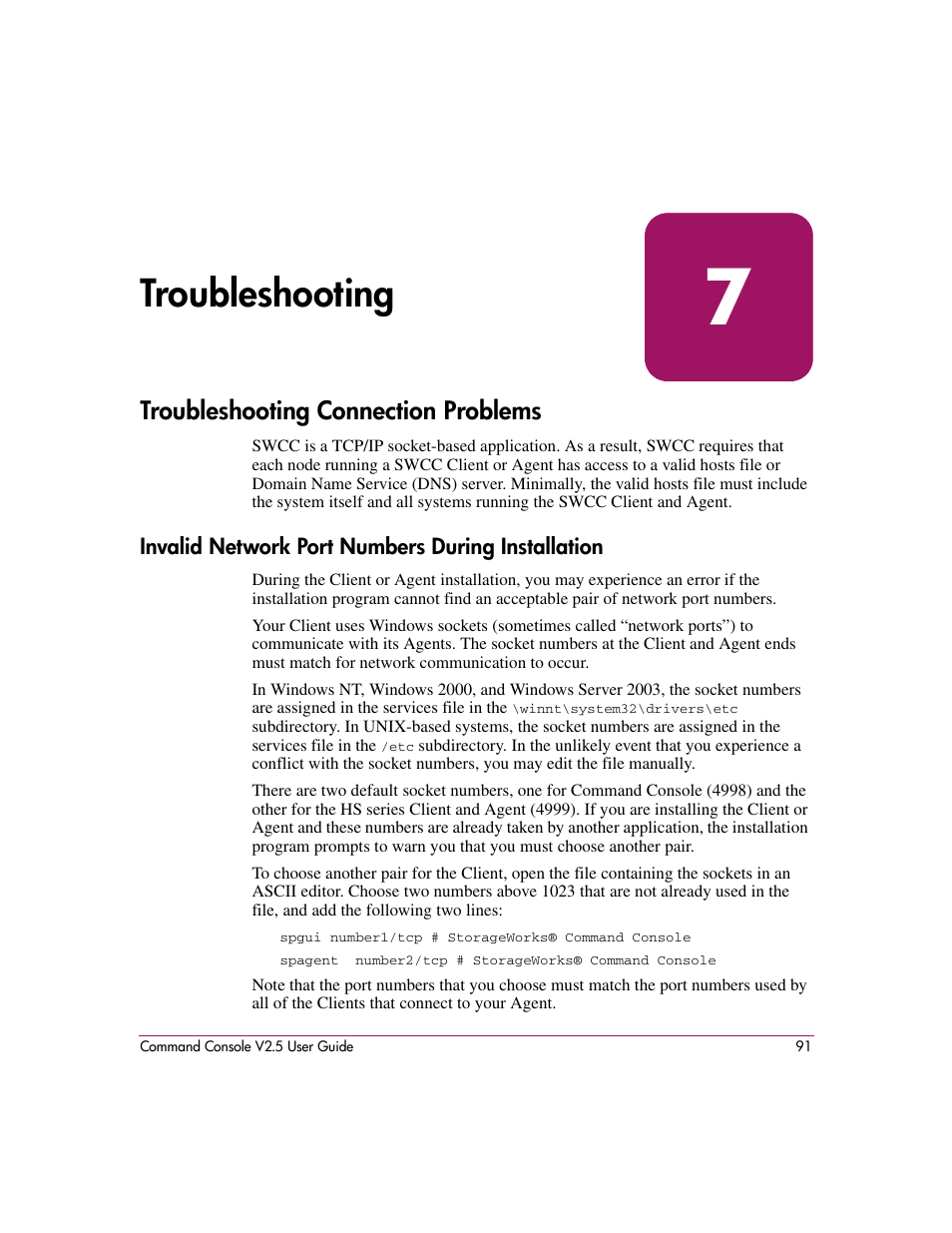 Troubleshooting, Troubleshooting connection problems, Invalid network port numbers during installation | 7 troubleshooting | HP StorageWorks EVA Controller HSG V8.8 Software User Manual | Page 91 / 150