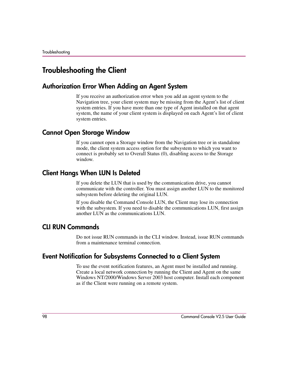 Troubleshooting the client, Authorization error when adding an agent system, Cannot open storage window | Client hangs when lun is deleted, Cli run commands | HP StorageWorks EVA Controller HSG V8.8 Software User Manual | Page 98 / 150