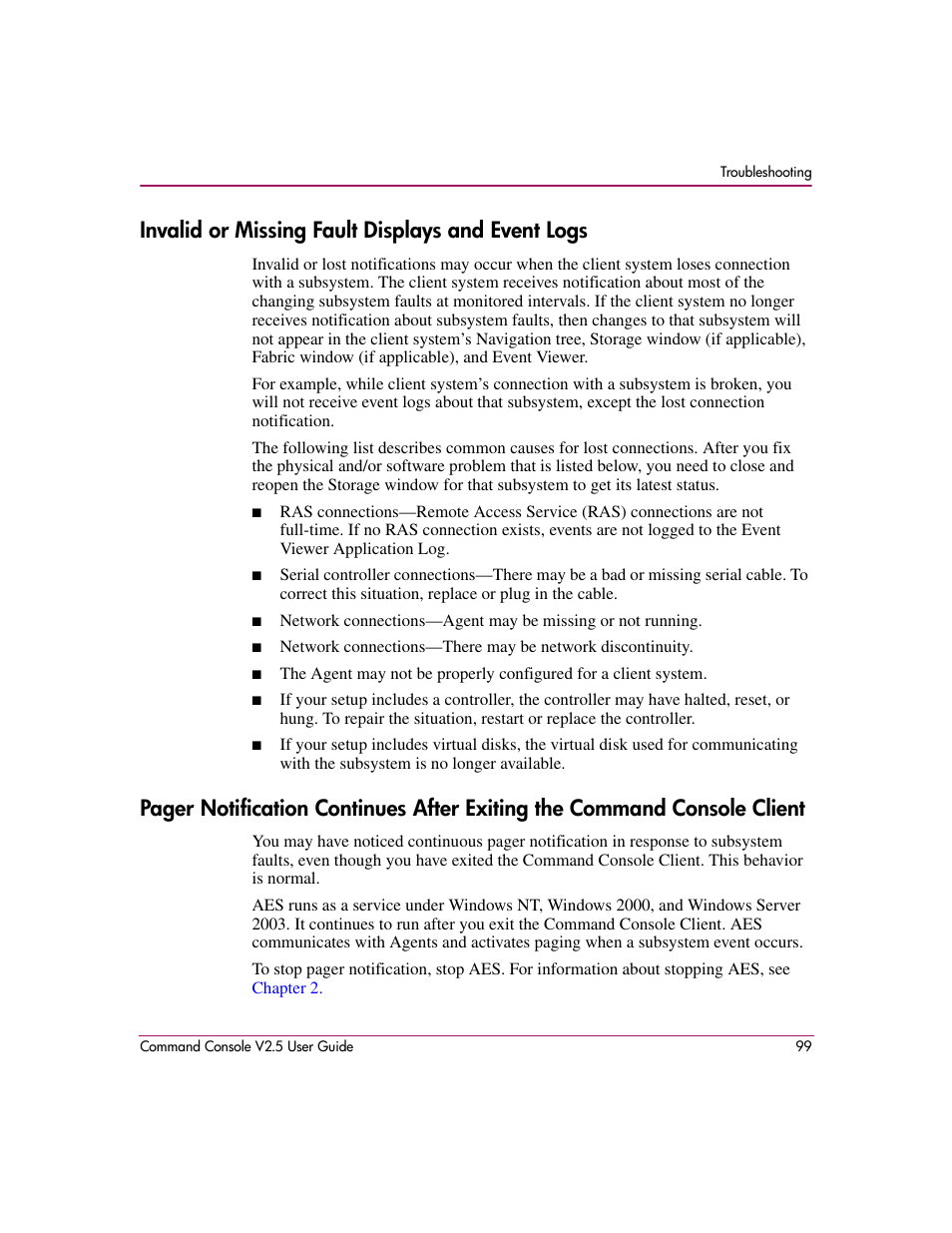 Invalid or missing fault displays and event logs | HP StorageWorks EVA Controller HSG V8.8 Software User Manual | Page 99 / 150