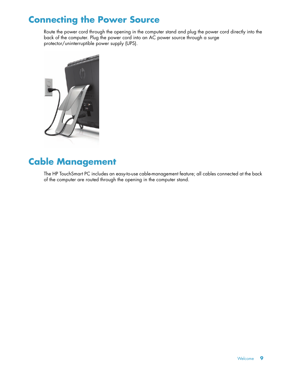 Connecting the power source, Cable management, Connecting the power source cable management | HP TouchSmart 300-1205z CTO Desktop PC User Manual | Page 15 / 68