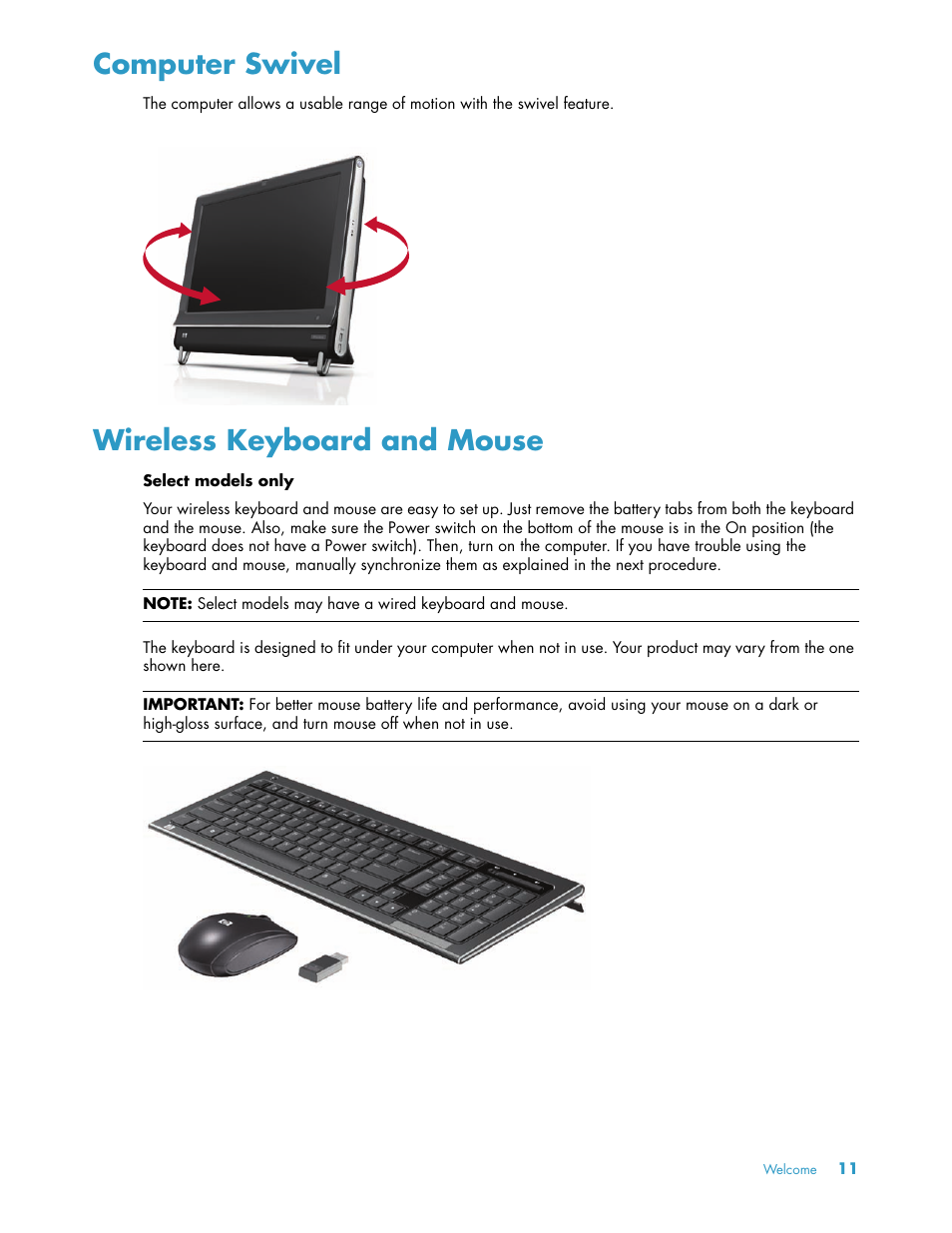 Computer swivel, Wireless keyboard and mouse, Computer swivel wireless keyboard and mouse | HP TouchSmart 300-1205z CTO Desktop PC User Manual | Page 17 / 68