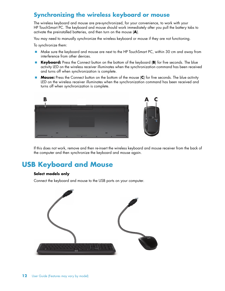 Synchronizing the wireless keyboard or mouse, Usb keyboard and mouse, Ba c | HP TouchSmart 300-1205z CTO Desktop PC User Manual | Page 18 / 68