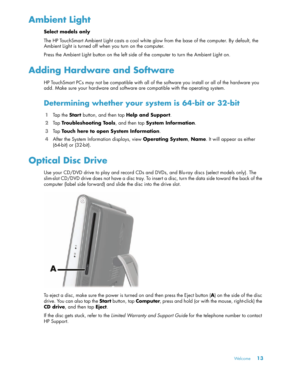 Ambient light, Adding hardware and software, Optical disc drive | Ambient light adding hardware and software | HP TouchSmart 300-1205z CTO Desktop PC User Manual | Page 19 / 68