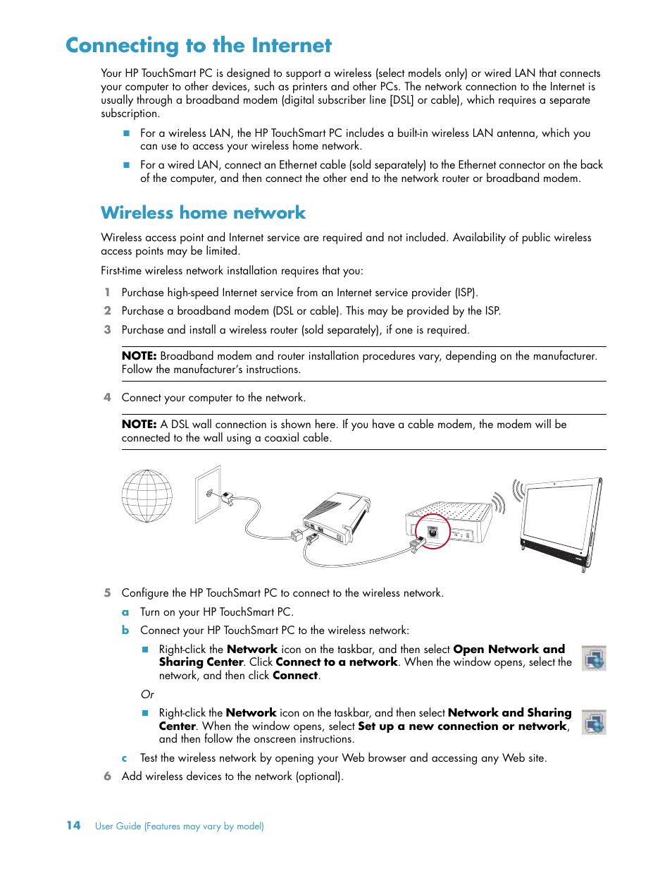 Connecting to the internet, Wireless home network | HP TouchSmart 300-1205z CTO Desktop PC User Manual | Page 20 / 68