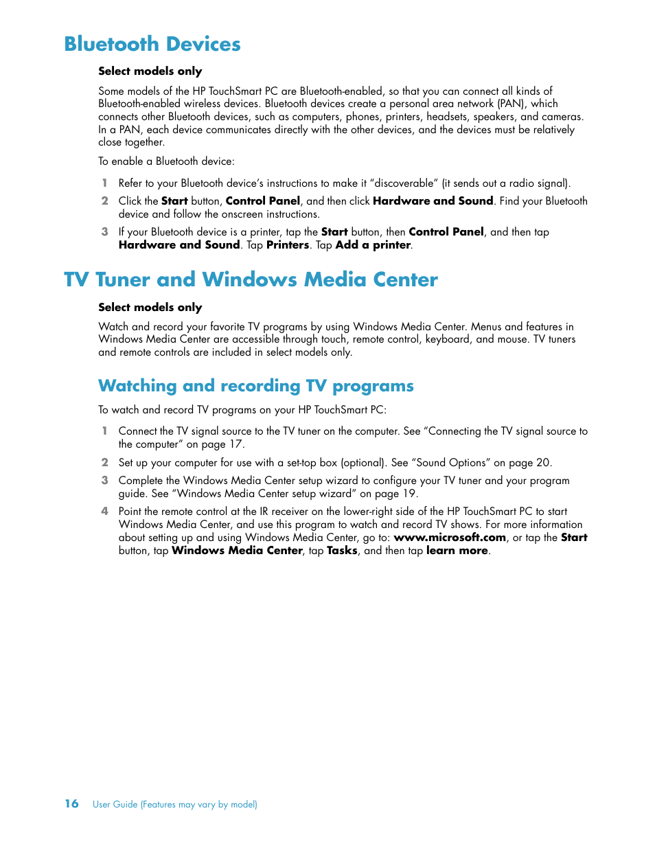 Bluetooth devices, Tv tuner and windows media center, Watching and recording tv programs | HP TouchSmart 300-1205z CTO Desktop PC User Manual | Page 22 / 68