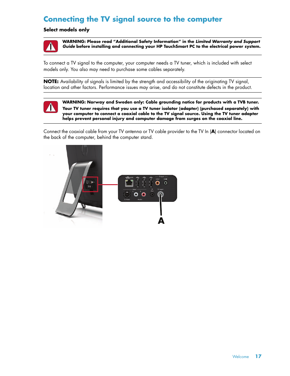 Connecting the tv signal source to the computer | HP TouchSmart 300-1205z CTO Desktop PC User Manual | Page 23 / 68