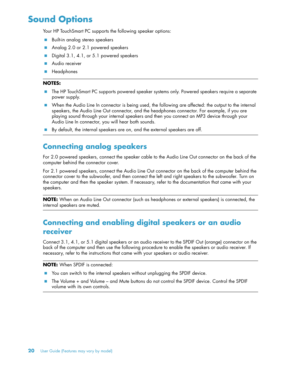 Sound options, Connecting analog speakers | HP TouchSmart 300-1205z CTO Desktop PC User Manual | Page 26 / 68