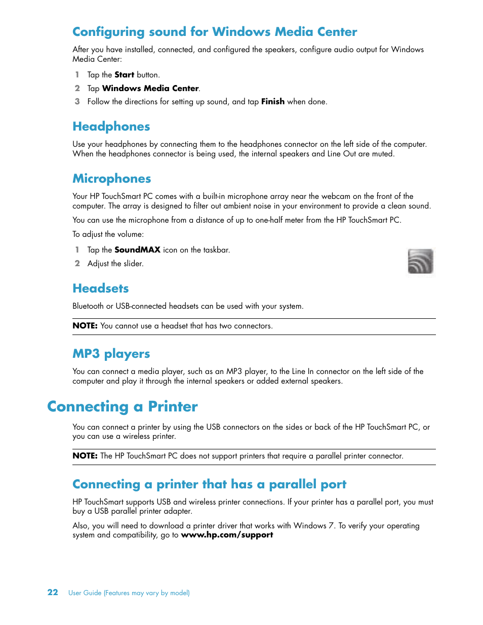 Configuring sound for windows media center, Headphones, Microphones | Headsets, Mp3 players, Connecting a printer, Connecting a printer that has a parallel port | HP TouchSmart 300-1205z CTO Desktop PC User Manual | Page 28 / 68