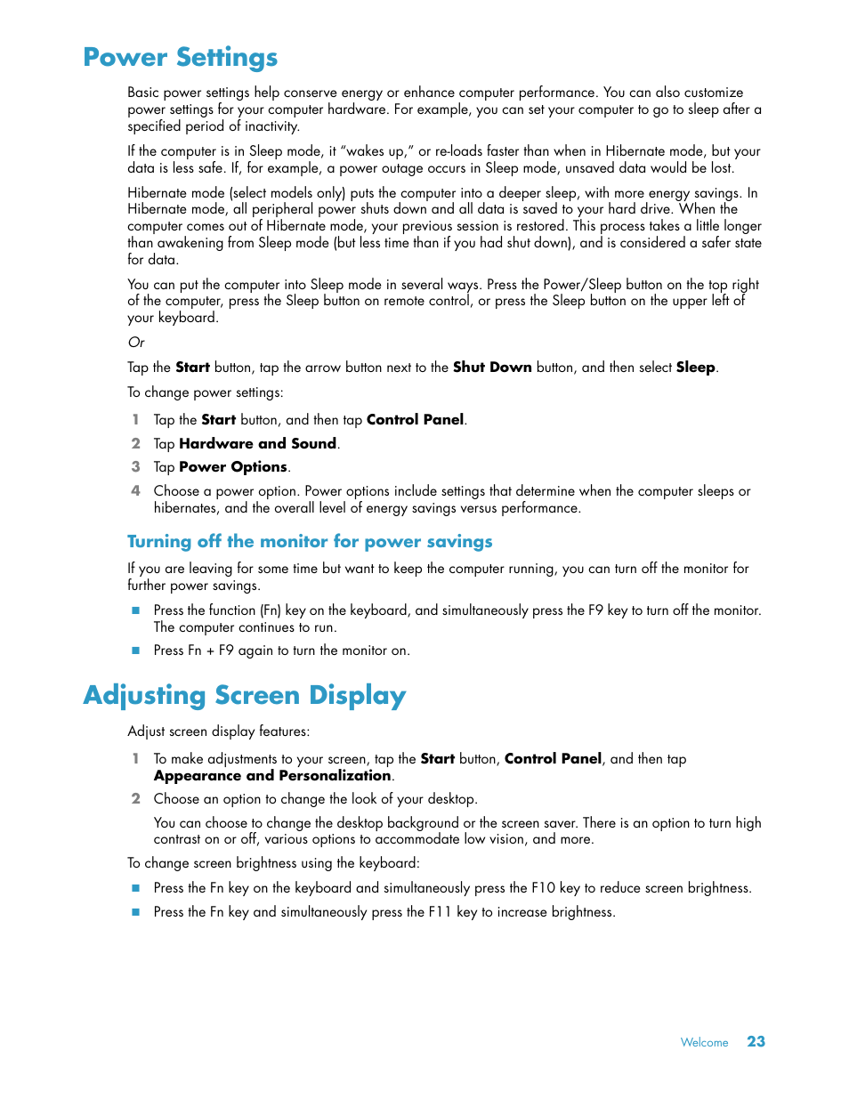 Power settings, Adjusting screen display, Power settings adjusting screen display | HP TouchSmart 300-1205z CTO Desktop PC User Manual | Page 29 / 68