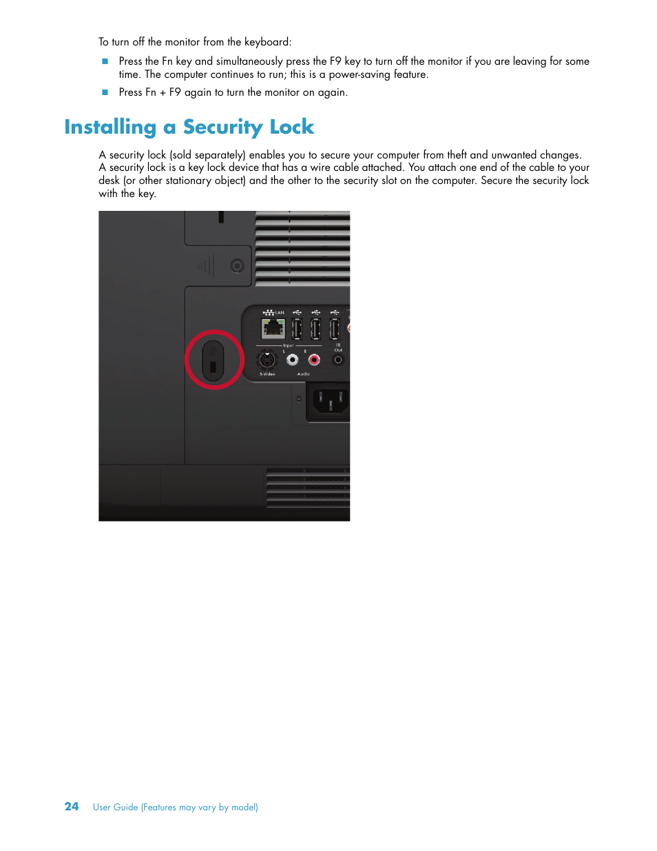 Installing a security lock | HP TouchSmart 300-1205z CTO Desktop PC User Manual | Page 30 / 68