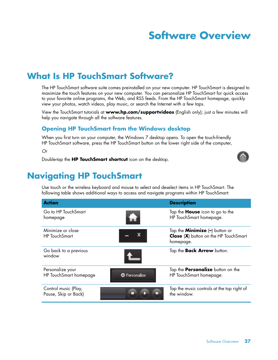 Software overview, What is hp touchsmart software, Navigating hp touchsmart | HP TouchSmart 300-1205z CTO Desktop PC User Manual | Page 33 / 68