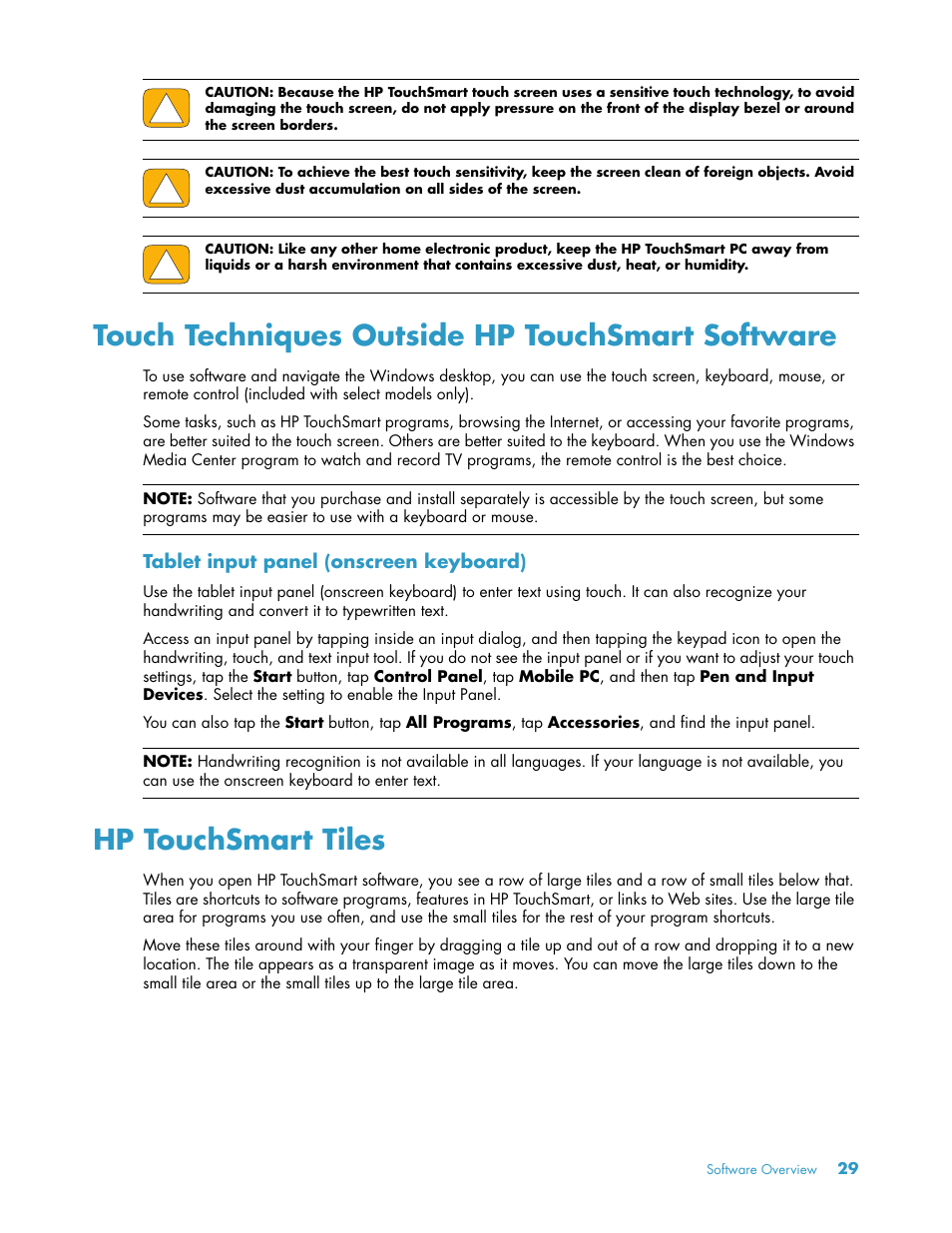 Touch techniques outside hp touchsmart software, Hp touchsmart tiles | HP TouchSmart 300-1205z CTO Desktop PC User Manual | Page 35 / 68