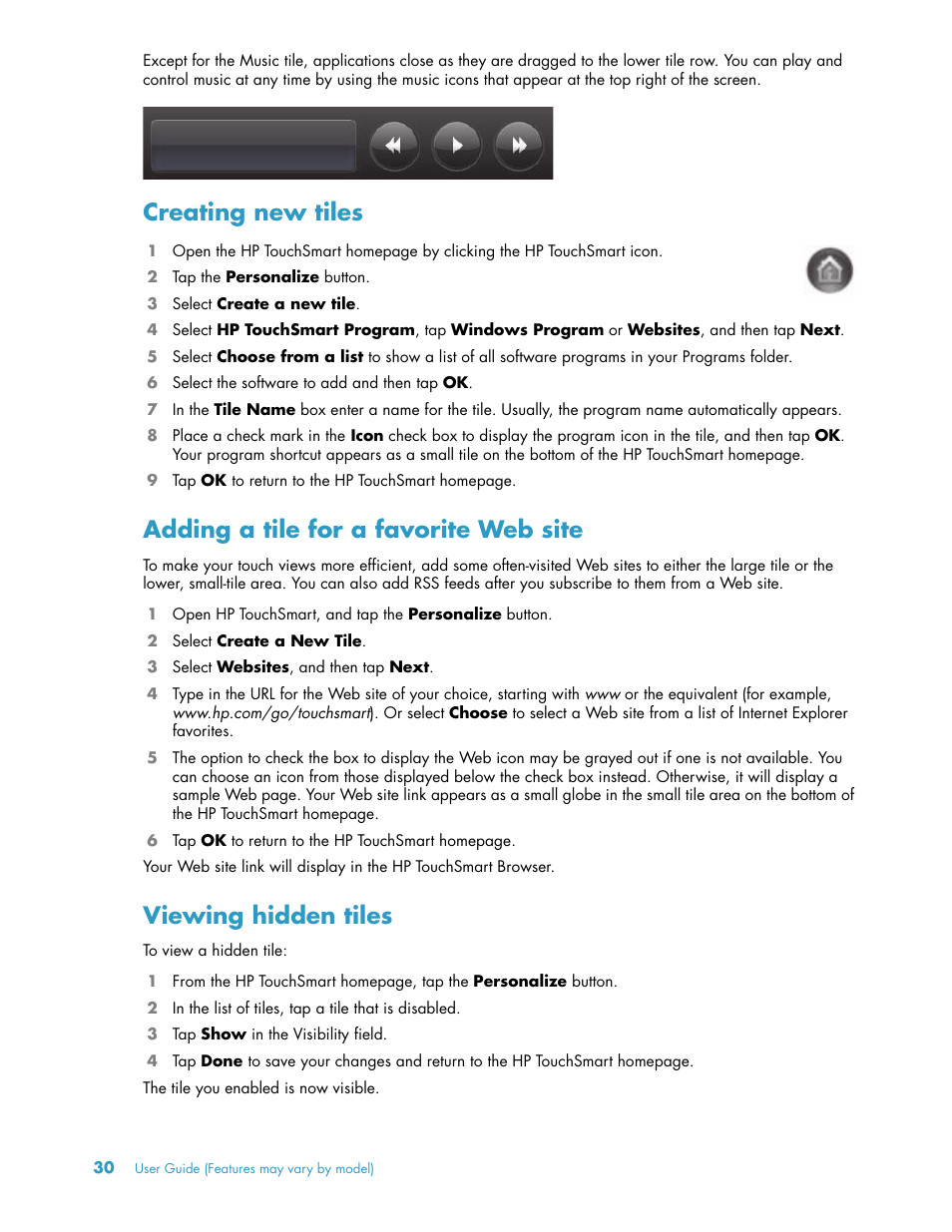 Creating new tiles, Adding a tile for a favorite web site, Viewing hidden tiles | HP TouchSmart 300-1205z CTO Desktop PC User Manual | Page 36 / 68
